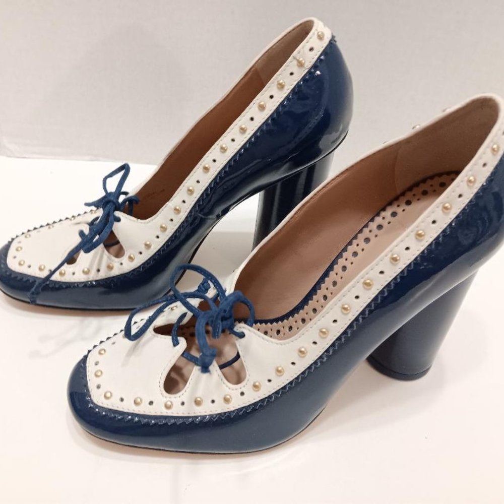 Tory Burch Cambridge Studded Leather Two-Tone Stacked Heel Pumps Shoes Sz 7.5M